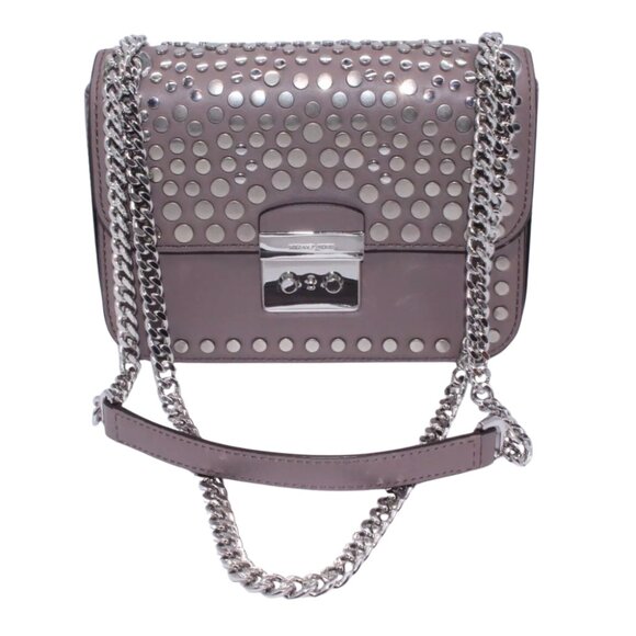 Michael Kors SATCHEL Shoulder Bag Purse Logo Gray Leather Chain Silver Studded - Picture 1 of 14